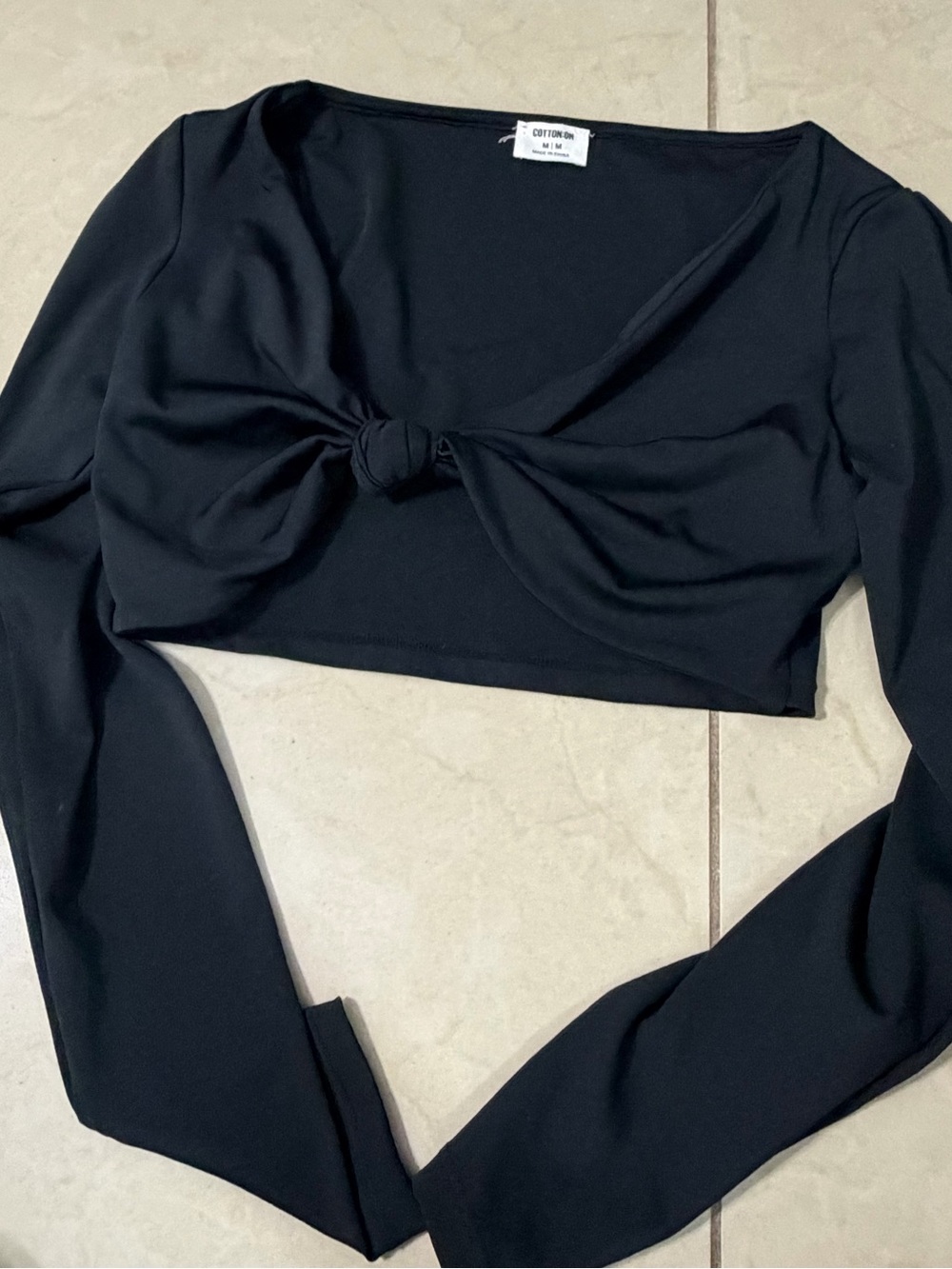 Cotton On Black Long-Sleeve Tie-Knot Crop Top